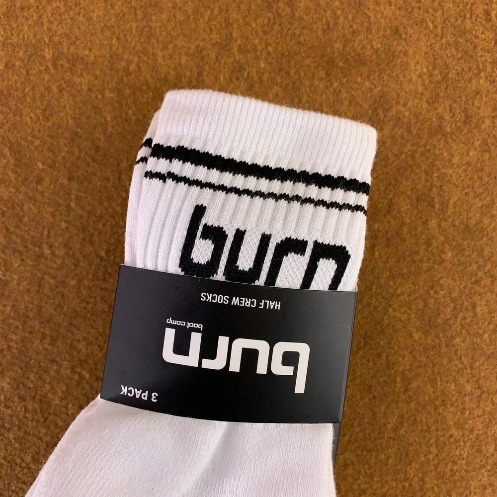 Burn Mens One Size White Black Logo Half Crew Socks 3 Pack NWT